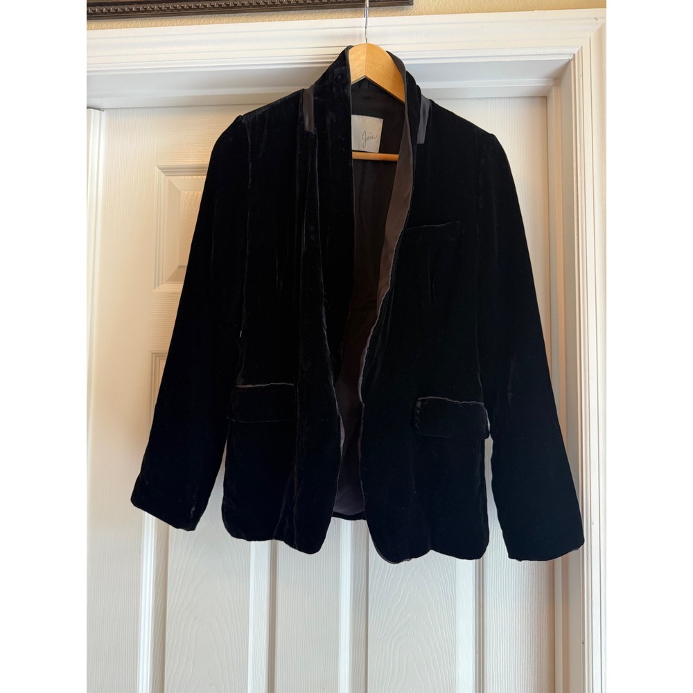 Joie Velvet Blazer Women Small Black Silk Trim Open Front Shawl Collar